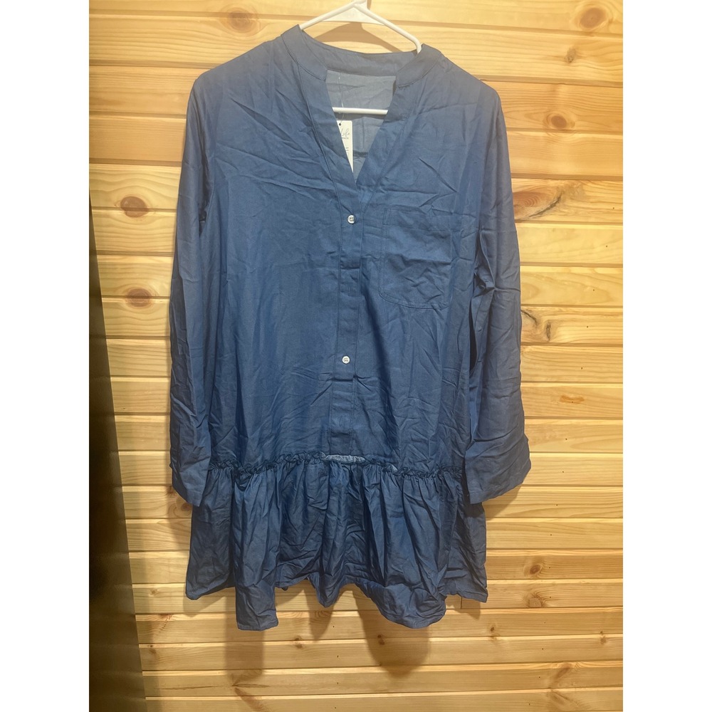 Cupshe Blue Chambray Ruffle Drop Waist Mini Dress Long Sleeve V-Neck Medium NWT